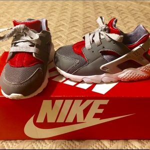 Red and Gray Nike Huarache Run